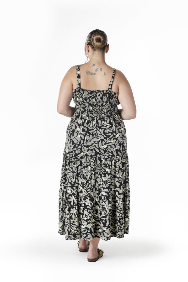 Büyük Beden Çiçek Desenli Kalın Askılı Beli Lastikli Elbise T-81 Vervegrand