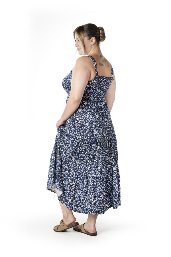 Büyük Beden Çiçek Desenli Kalın Askılı Beli Lastikli Elbise T-84 Vervegrand