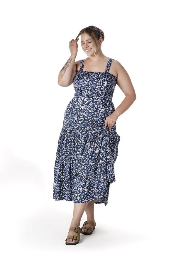 Büyük Beden Çiçek Desenli Kalın Askılı Beli Lastikli Elbise T-84 Vervegrand