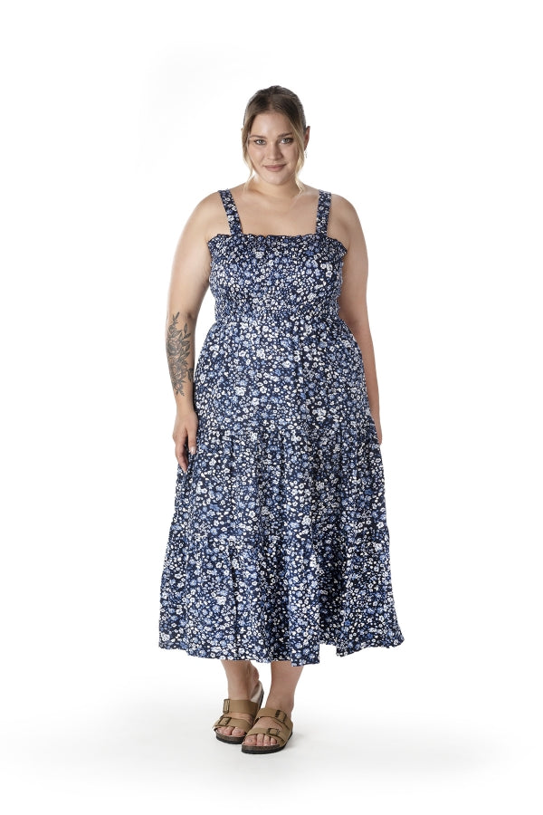 Büyük Beden Çiçek Desenli Kalın Askılı Beli Lastikli Elbise T-84 Vervegrand