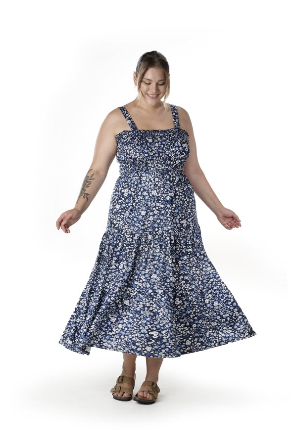 Büyük Beden Çiçek Desenli Kalın Askılı Beli Lastikli Elbise T-84 Vervegrand