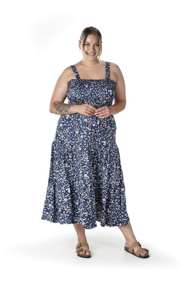 Büyük Beden Çiçek Desenli Kalın Askılı Beli Lastikli Elbise T-84 Vervegrand