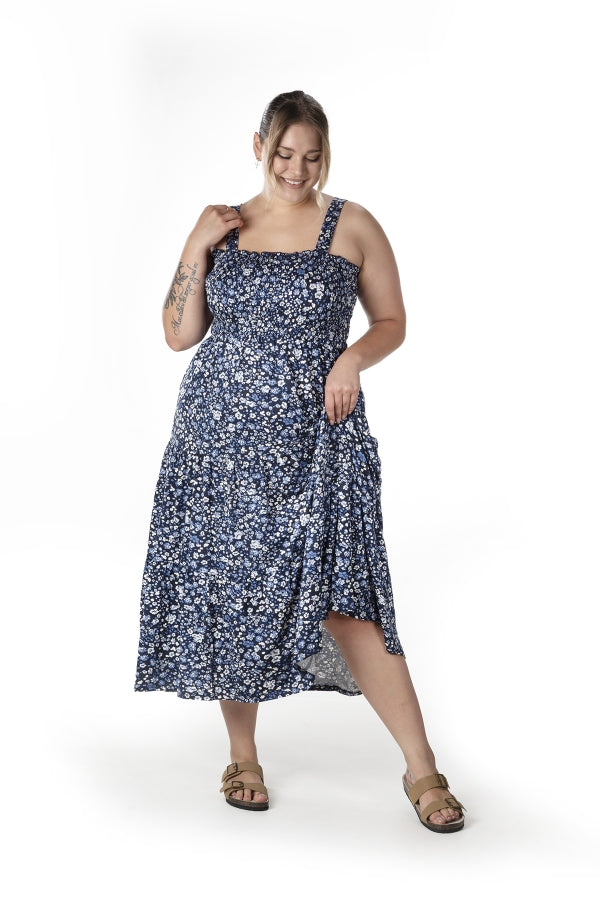 Büyük Beden Çiçek Desenli Kalın Askılı Beli Lastikli Elbise T-84 Vervegrand