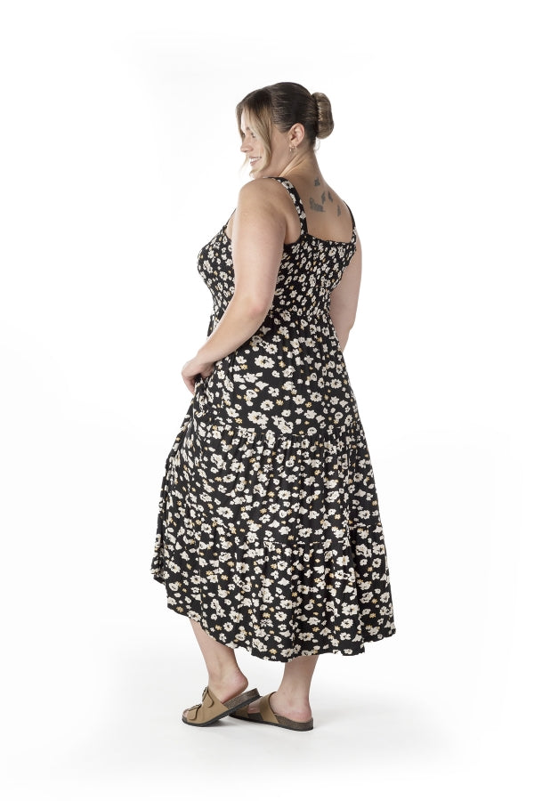 Büyük Beden Çiçek Desenli Kalın Askılı Beli Lastikli Elbise T-83 Vervegrand