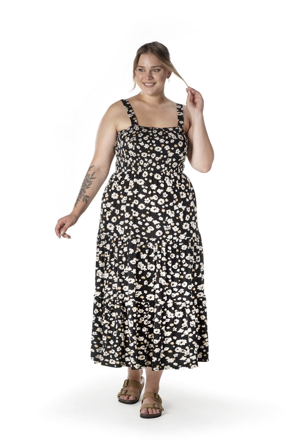 Büyük Beden Çiçek Desenli Kalın Askılı Beli Lastikli Elbise T-83 Vervegrand