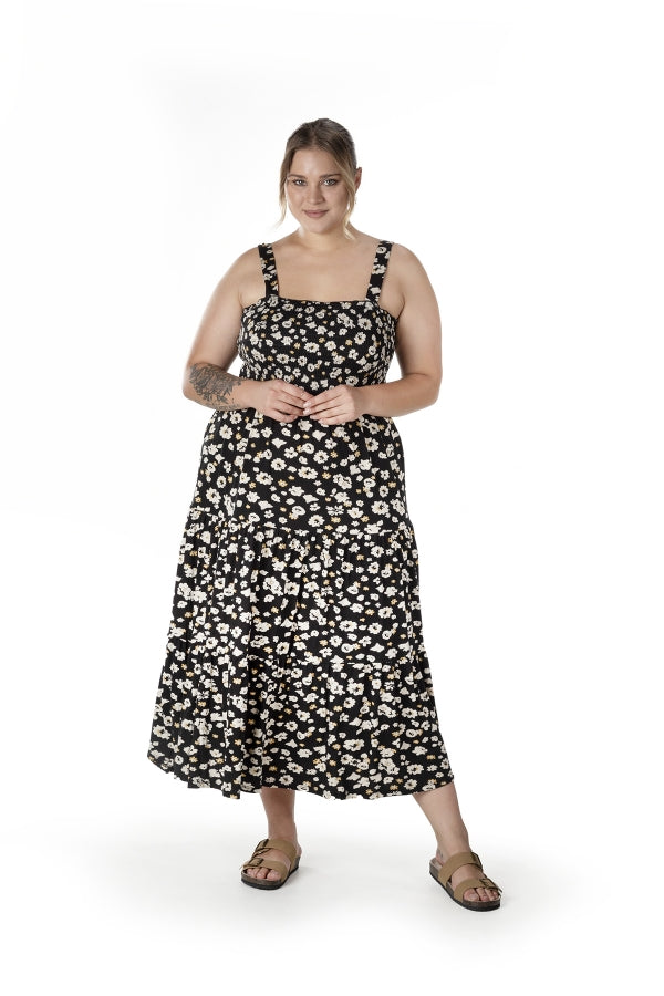 Büyük Beden Çiçek Desenli Kalın Askılı Beli Lastikli Elbise T-83 Vervegrand