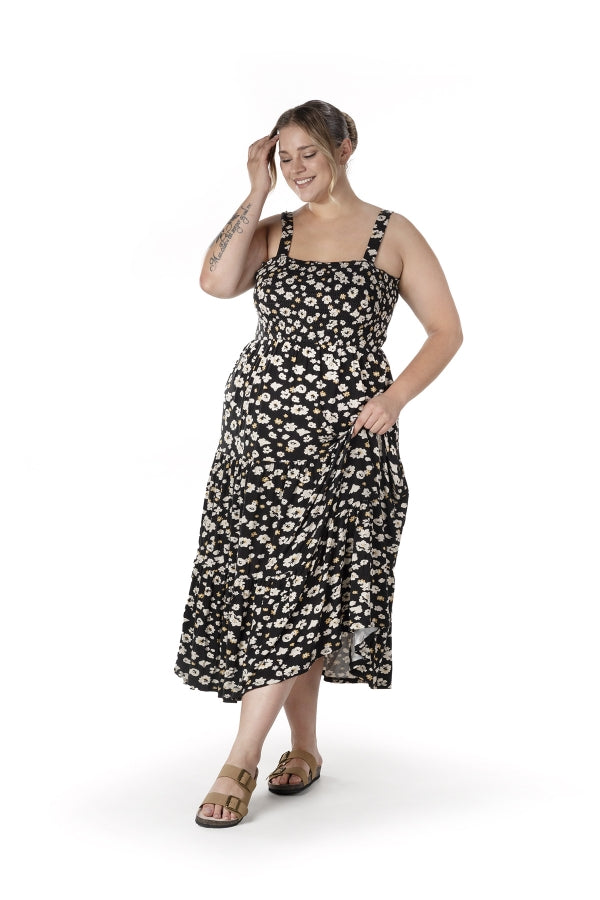 Büyük Beden Çiçek Desenli Kalın Askılı Beli Lastikli Elbise T-83 Vervegrand