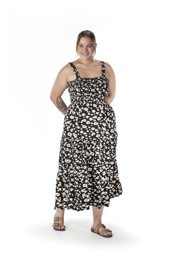 Büyük Beden Çiçek Desenli Kalın Askılı Beli Lastikli Elbise T-83 Vervegrand