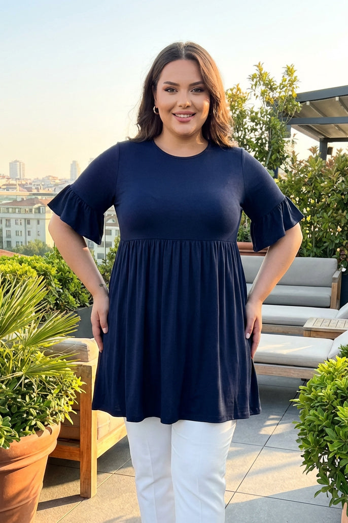 Büyük Beden Kol Detaylı Beli Lastikli Pileli Tunik T-shirt T42 Vervegrand