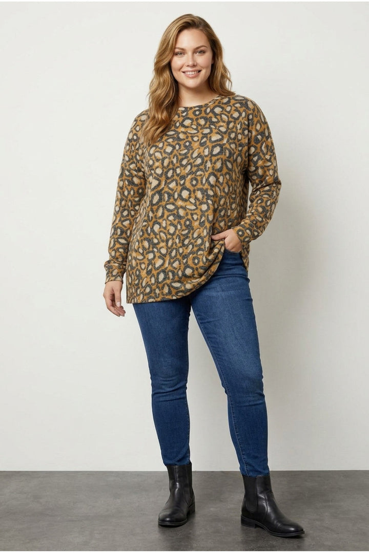 Plus Size Leopard Print Crew Neck Soft-Touch Sweater