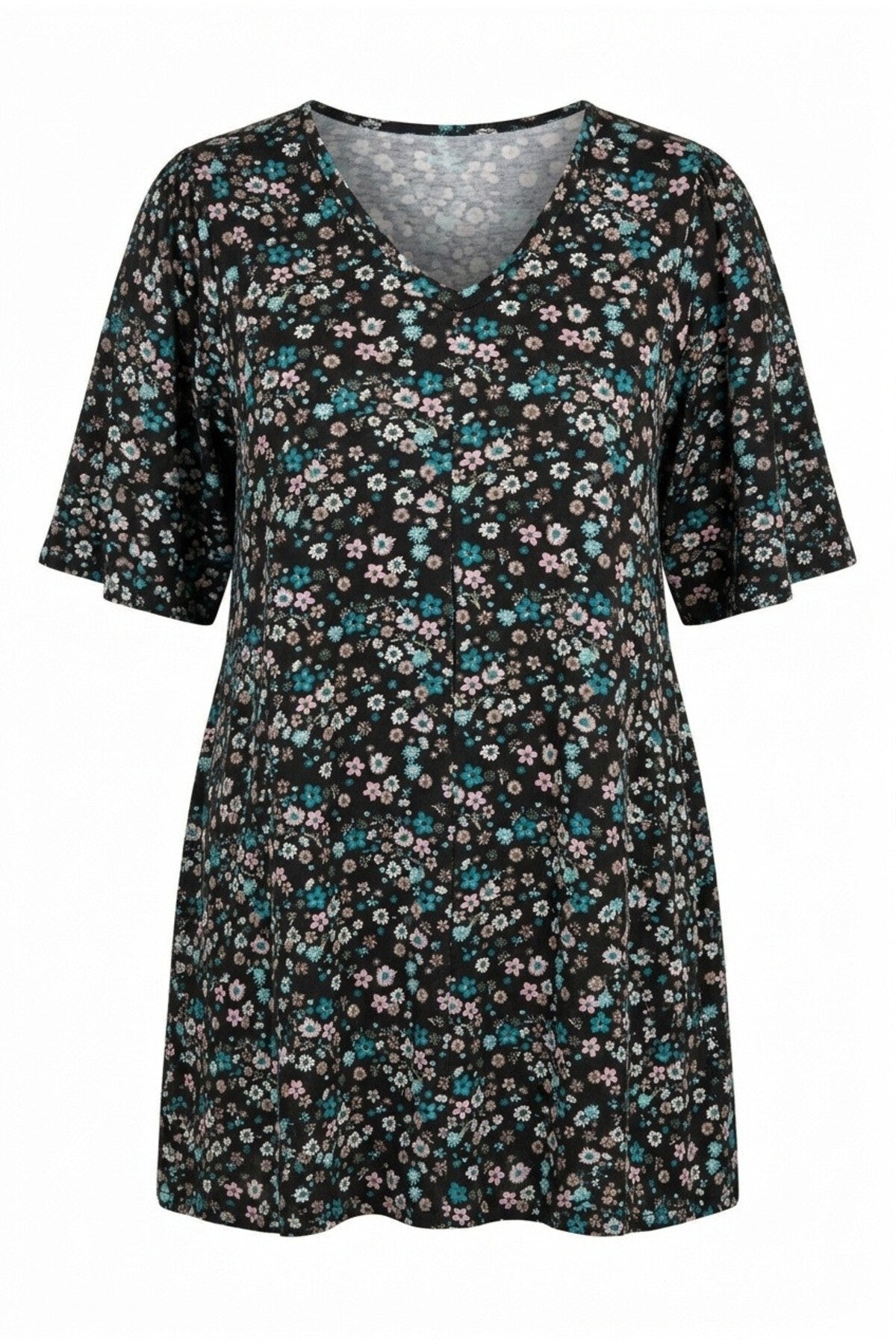 V Yaka Sıfır Kol Çiçek Desenli Asimetrik Kesim T-shirt 304084