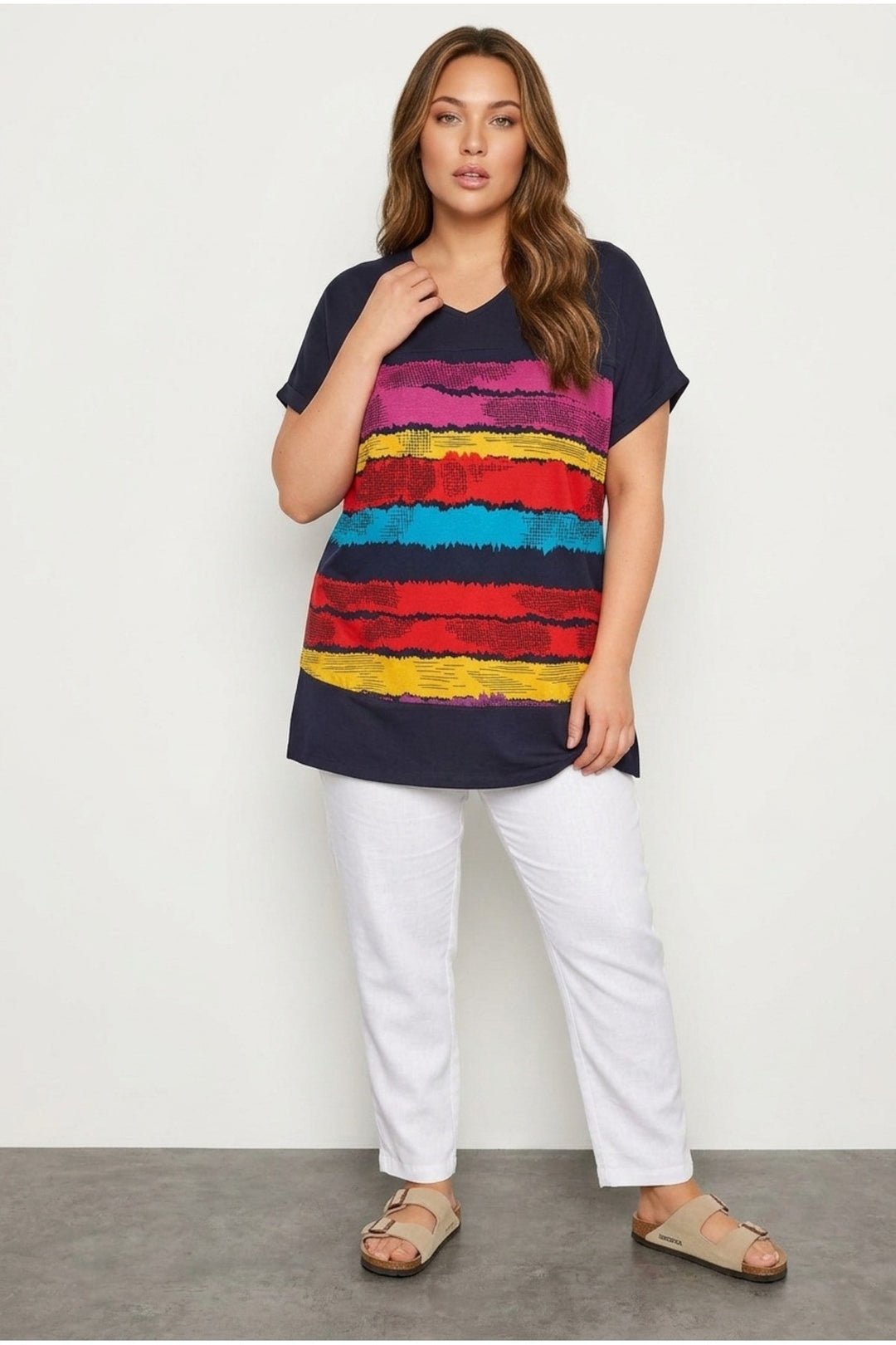 Büyük Beden V Yaka Kısa Kollu Çizgili T-shirt 302951