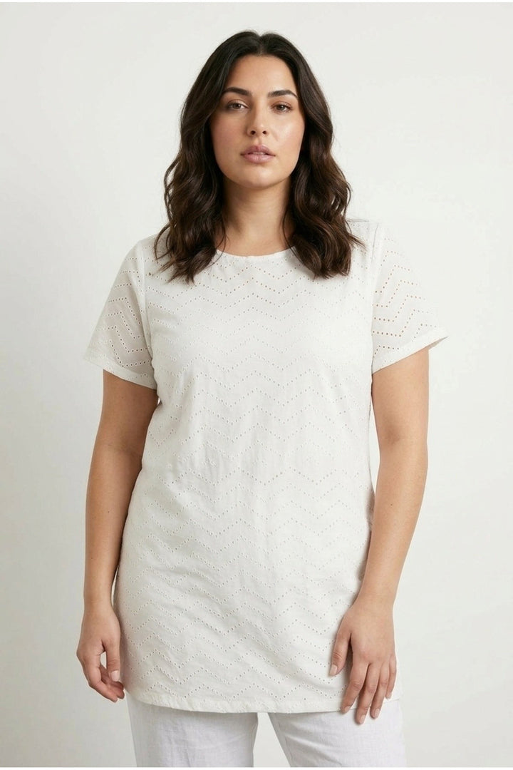 Büyük Beden Bisiklet Yaka Kısa Kollu Zikzak Desenli Astarsız Uzun T-shirt 303994