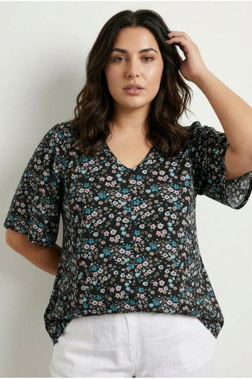 V Yaka Sıfır Kol Çiçek Desenli Asimetrik Kesim T-shirt 304084