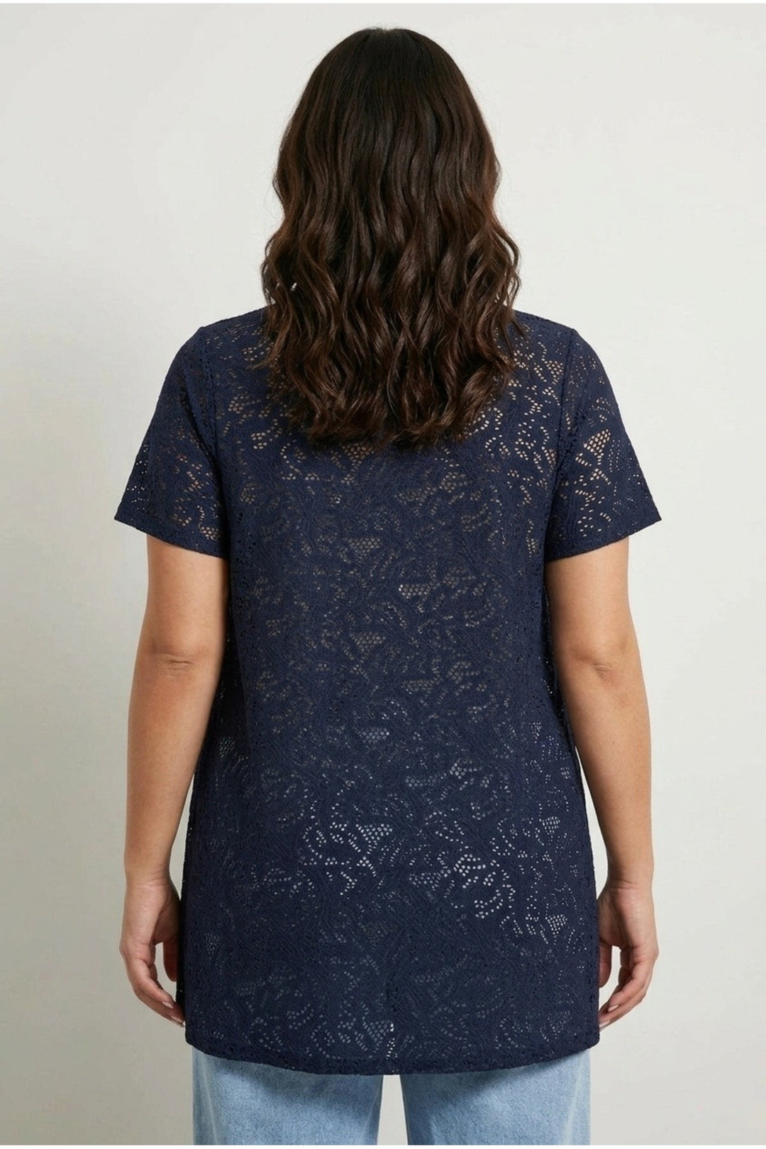 Büyük Beden V Yaka Kısa Kollu Astarsız Dantel T-shirt 304095
