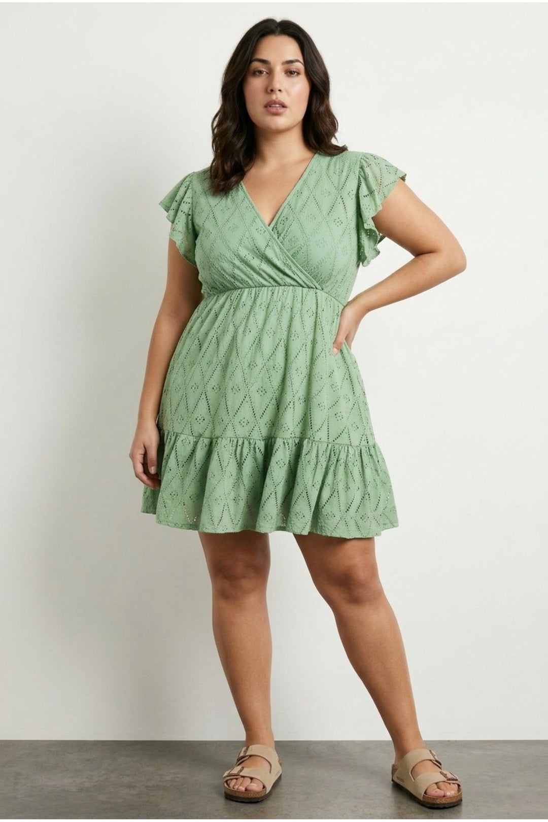 V-Neck Sleeveless Lace Pattern Ruffled Sleeves Lined Dress 304145