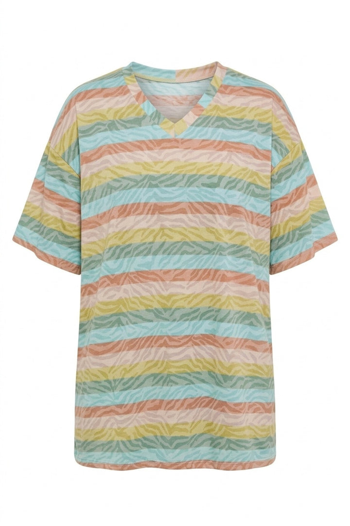 V Yaka Çizgili Zebra Desenli T-shirt 303953