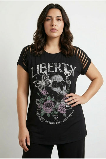 Bisiklet Yaka Kol Detaylı Kuru Kafa Baskılı T-shirt 322639