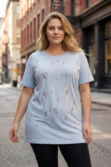 Bisiklet Yaka Payet Süslemeli Kısa Kollu T-shirt 302015
