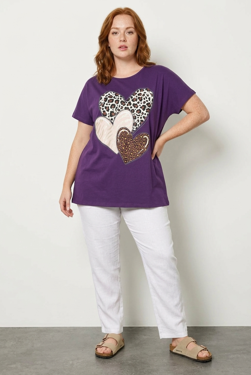 Büyük Beden Üçlü Kalp Desenli Simli Pamuklu Mor T-Shirt - Vervegrand