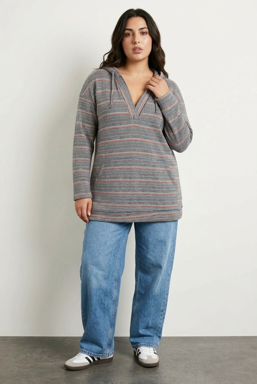 Büyük Beden V Yaka Uzun Kollu Kapüşonlu Dokulu Esnek Kumaşlı Sweatshirt