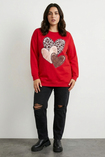 Büyük Beden Kalp Desenli Kırmızı Sweatshirt - Vervegrand