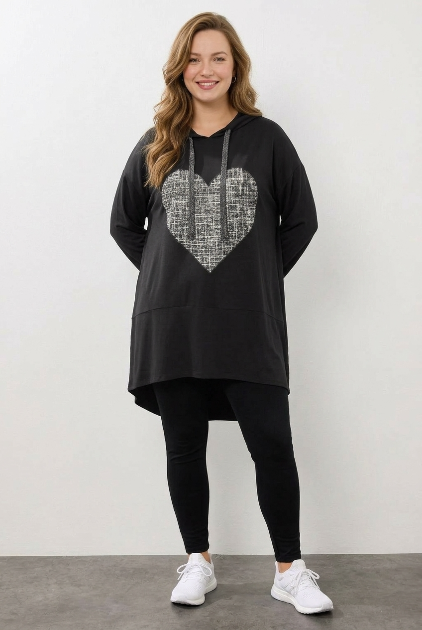 Büyük Beden Kalp Desenli Kapüşonlu Uzun Tunik Sweatshirt - Vervegrand