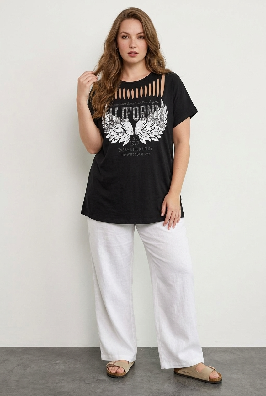 Büyük Beden California Baskılı Kesik Detaylı Siyah Pamuklu T-shirt - Vervegrand