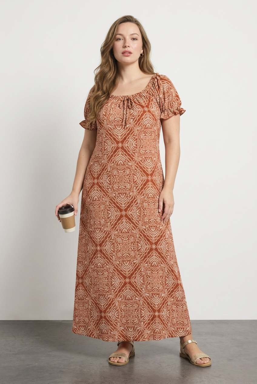 Büyük Beden Şal Desenli Milkmaid Maxi Elbise - Vervegrand - Görünüm 4