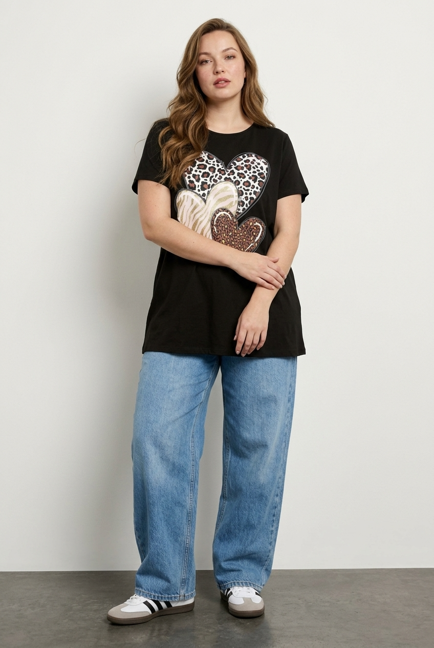 Büyük Beden Hayvan Desenli Kalp Baskılı Pamuklu Siyah T-shirt - Vervegrand