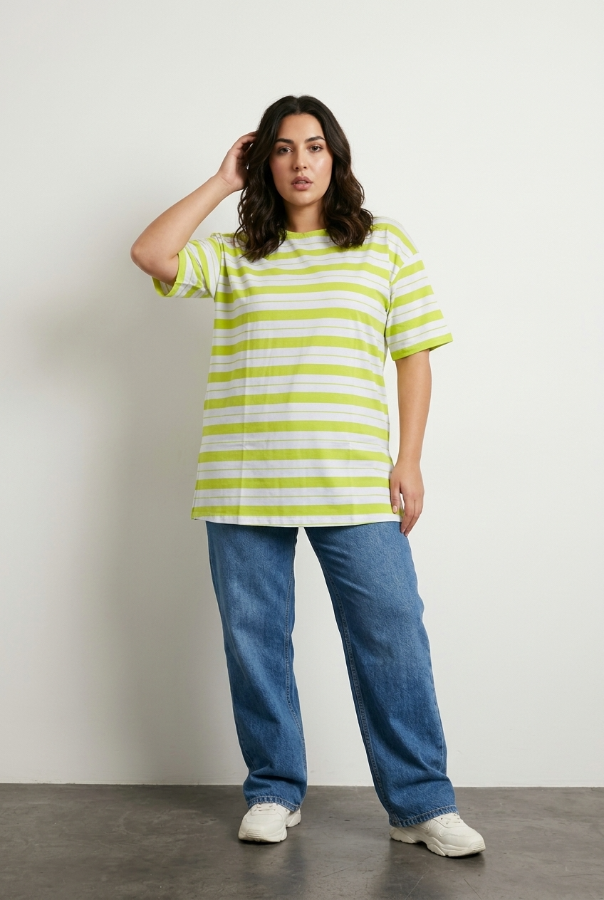 Büyük Beden Bisiklet Yaka Kısa Kollu Çizgili Uzun Esnek Kumaş Tunik T-shirt