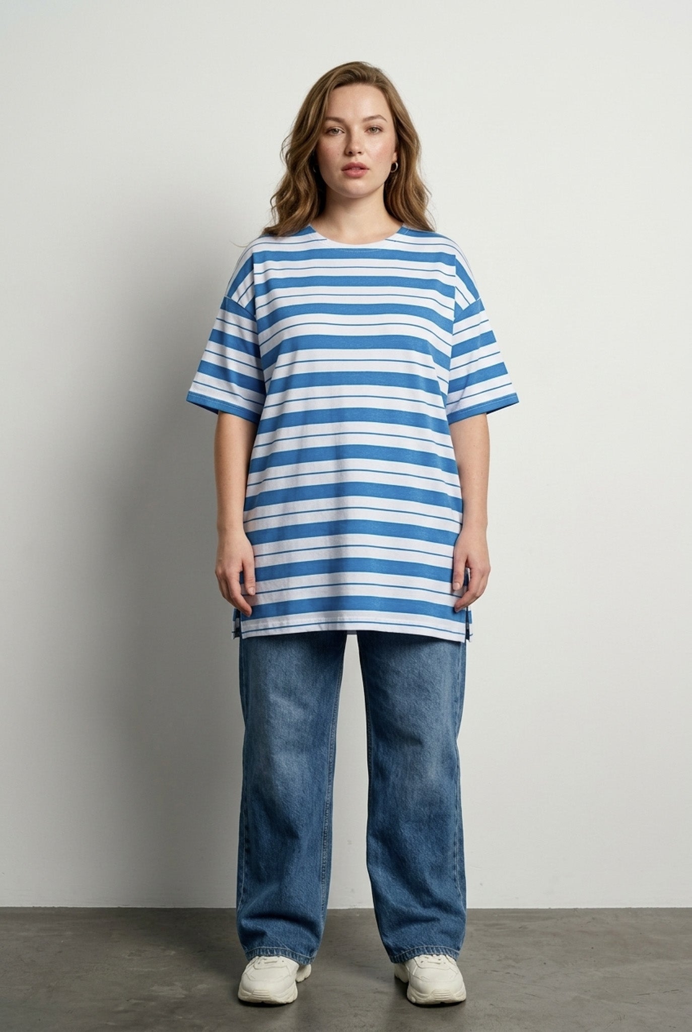 Büyük Beden Çizgili Pamuklu Uzun Tunik T-shirt - Vervegrand - Detay