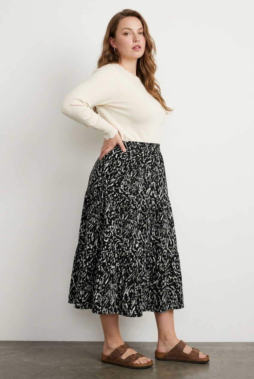Büyük Beden Beli Lastikli Pileli Desenli Esnek Kumaşlı Etek
