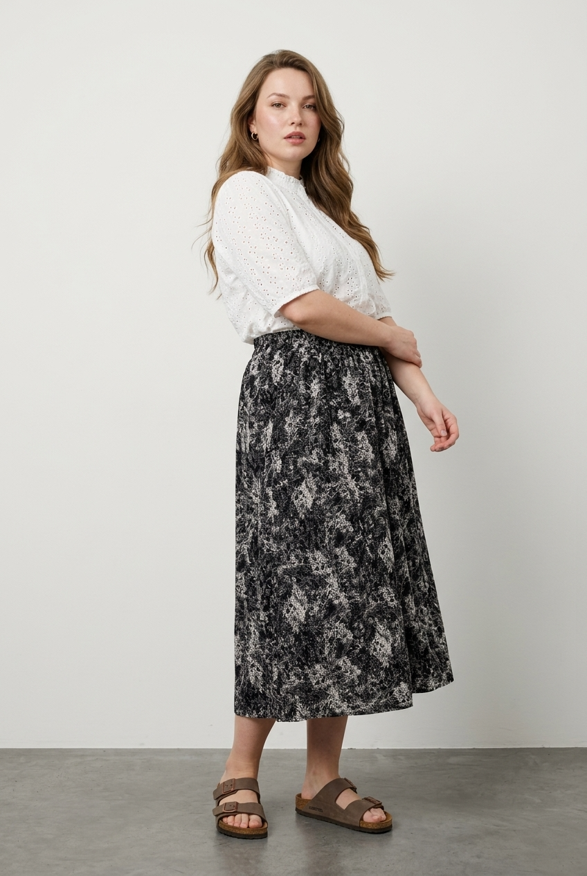 Büyük Beden Beli Lastikli Pileli Desenli Esnek Kumaşlı Etek