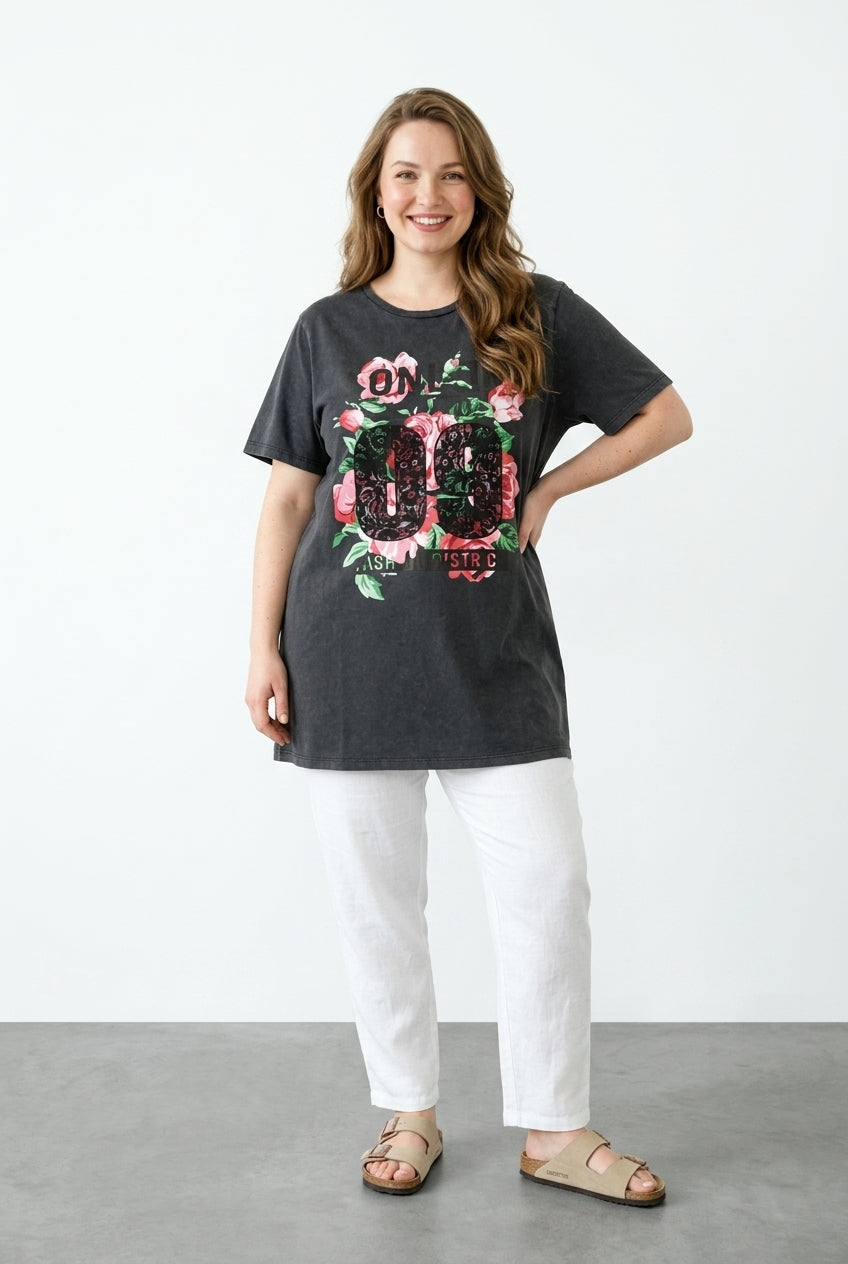 Büyük Beden Çiçek Baskılı Asit Yıkama Pamuklu T-Shirt - Vervegrand - Detay
