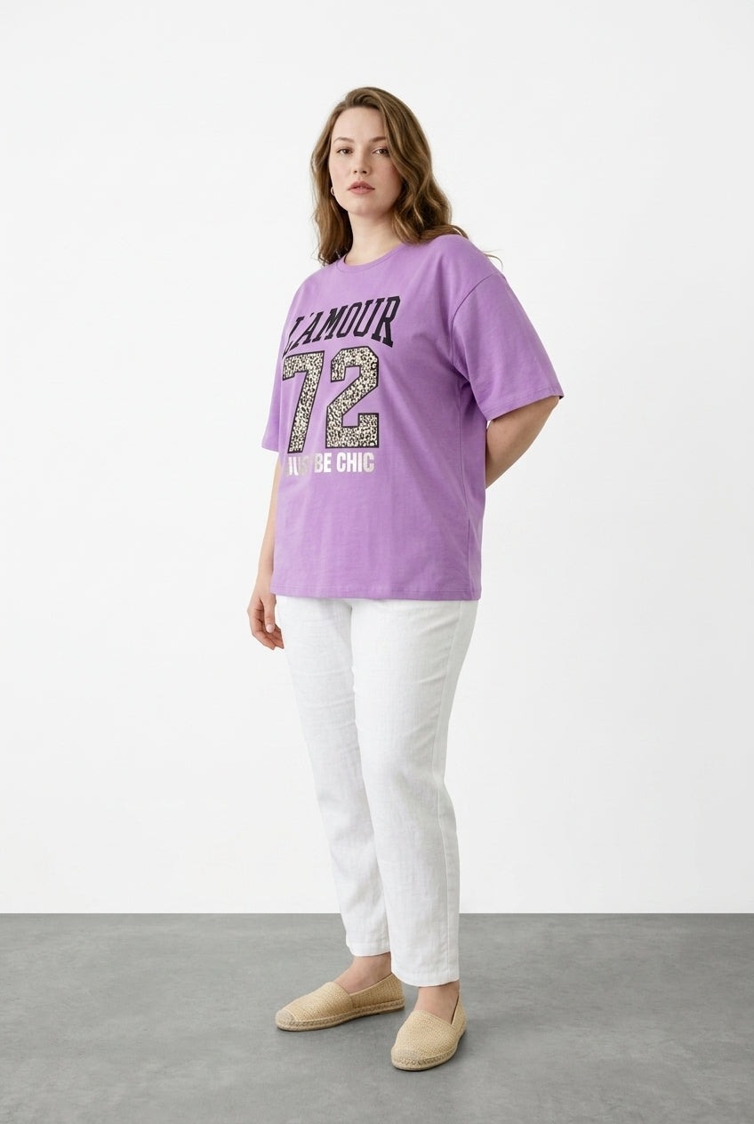 Büyük Beden L'amour Baskılı Leopar Detaylı Mor T-shirt - Vervegrand - Detay