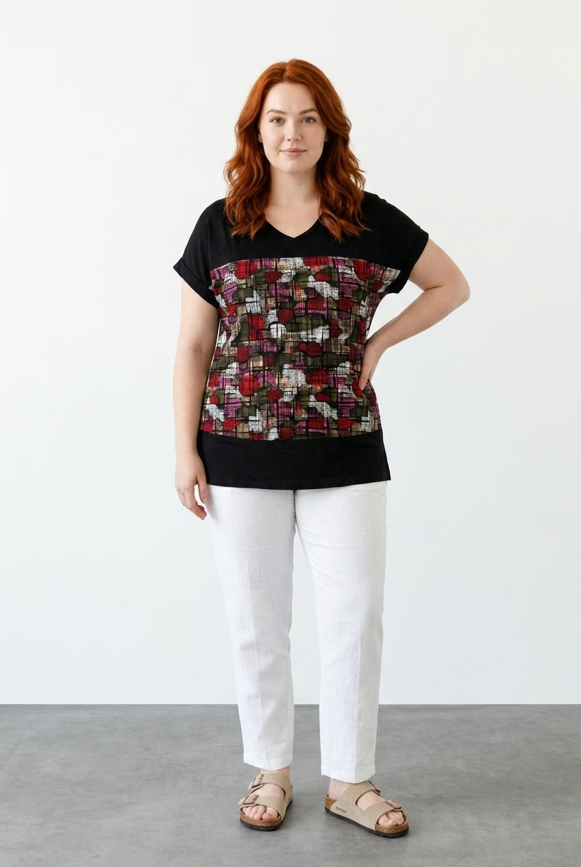 Büyük Beden V Yaka Desenli Blok Detaylı Viskoz T-Shirt - Vervegrand - Detay