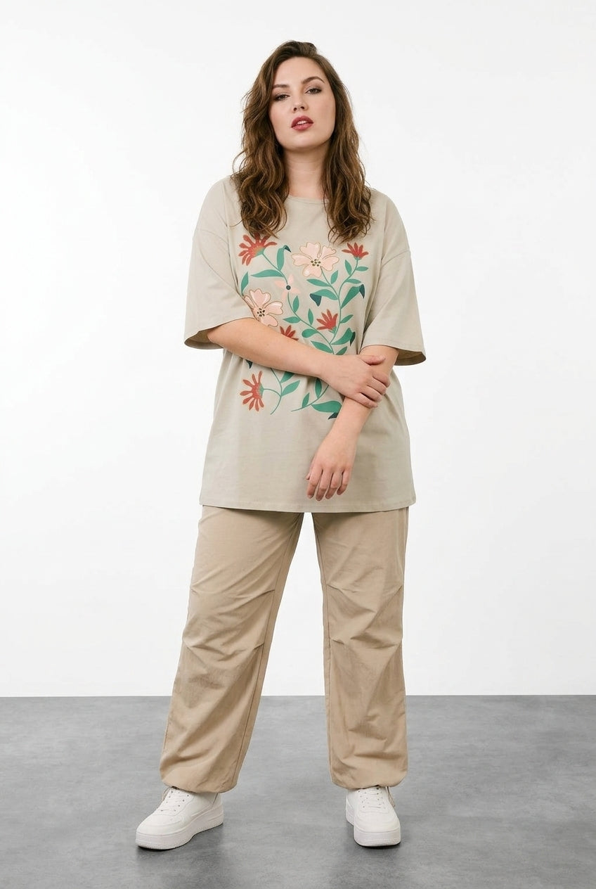 Büyük Beden Çiçek Desenli Pamuklu Oversize T-shirt kreatif çekim