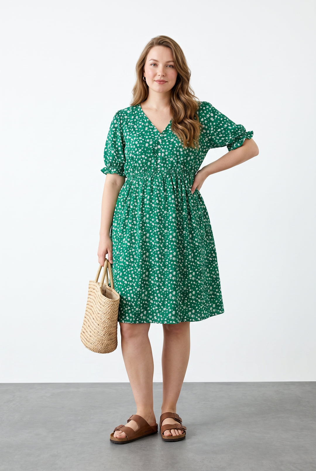 Ruffle V-Neck Elastic Waist Dress
