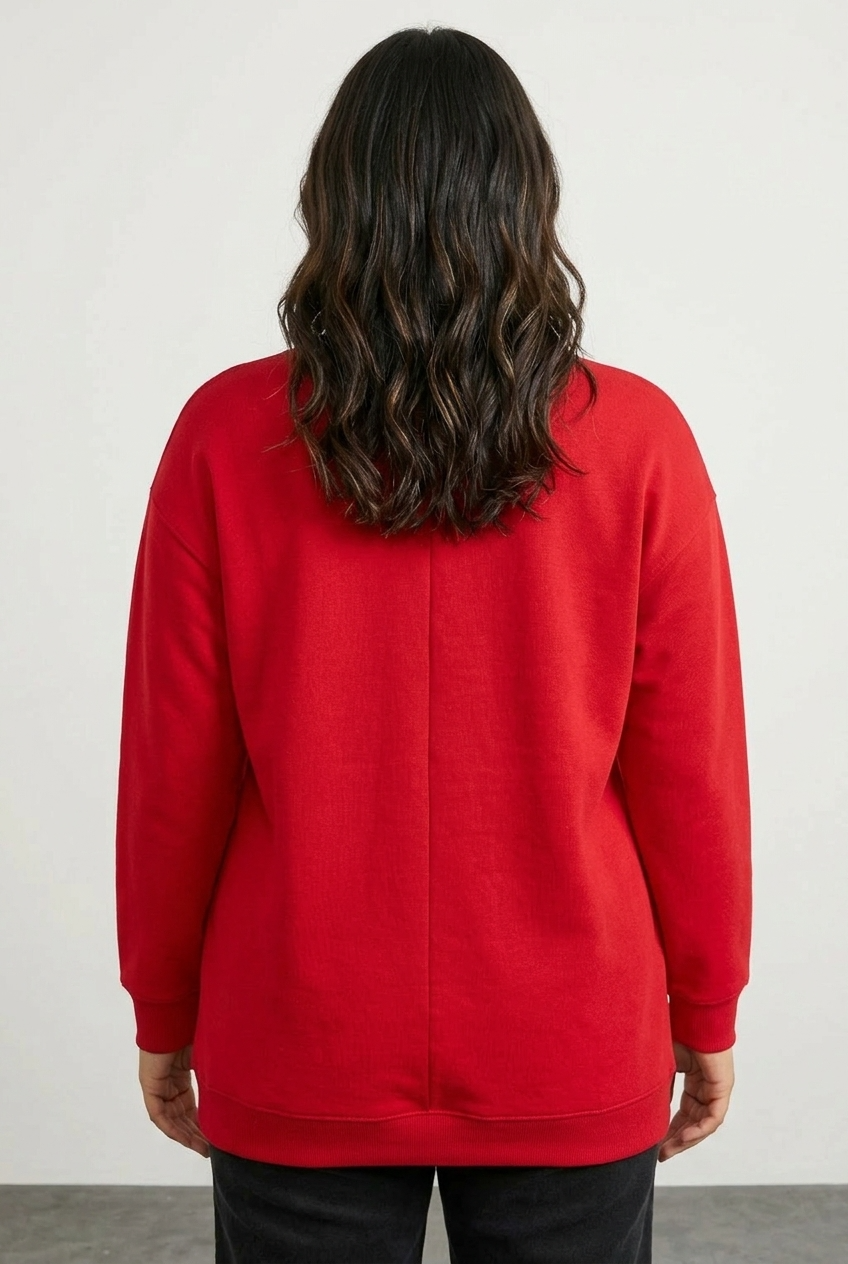 Büyük Beden Bisiklet Yaka Uzun Kollu Baskılı Esnek Kumaşlı Sweatshirt