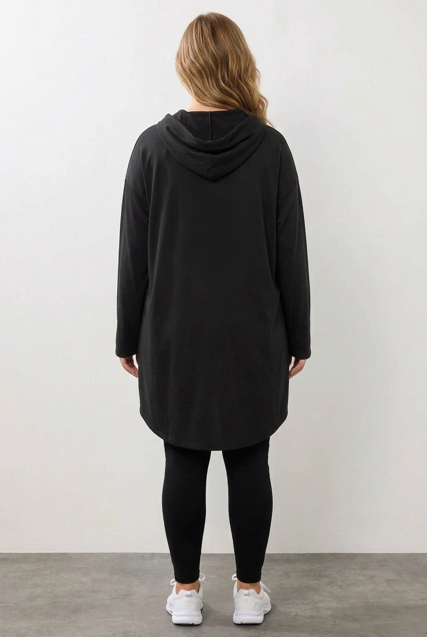 Büyük Beden V Yaka Uzun Kollu Kapüşonlu Tunik Sweatshirt