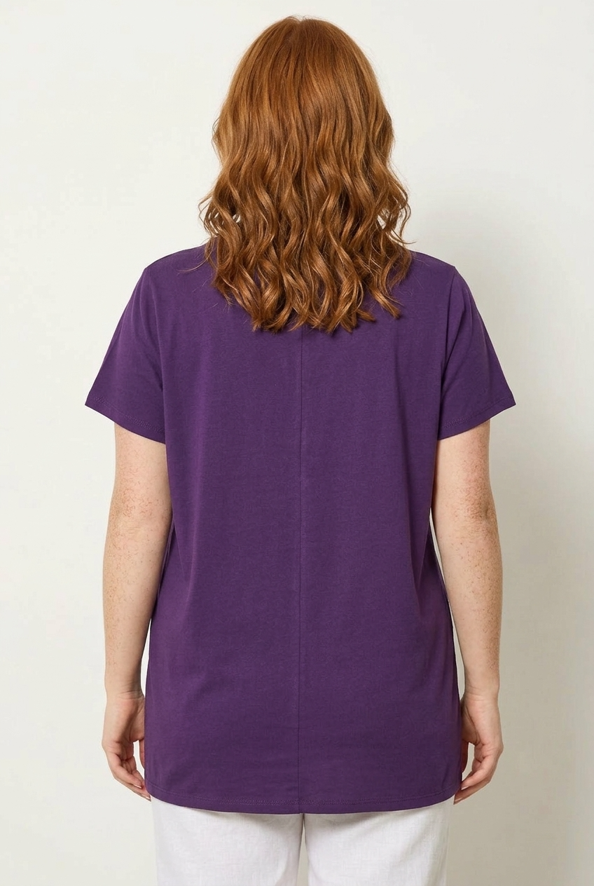 Büyük Beden Üçlü Kalp Desenli Simli Pamuklu Mor T-Shirt - Vervegrand - Görünüm 4