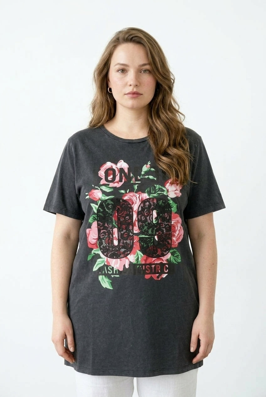 Büyük Beden Çiçek Baskılı Asit Yıkama Pamuklu T-Shirt - Vervegrand