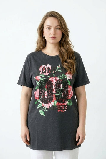 Büyük Beden Çiçek Baskılı Asit Yıkama Pamuklu T-Shirt - Vervegrand