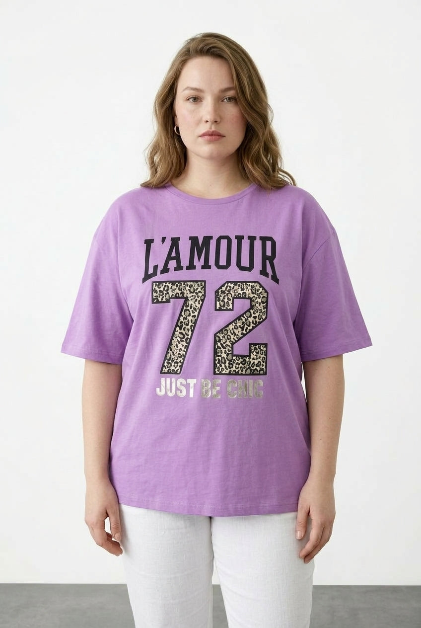 Büyük Beden L'amour Baskılı Leopar Detaylı Mor T-shirt - Vervegrand