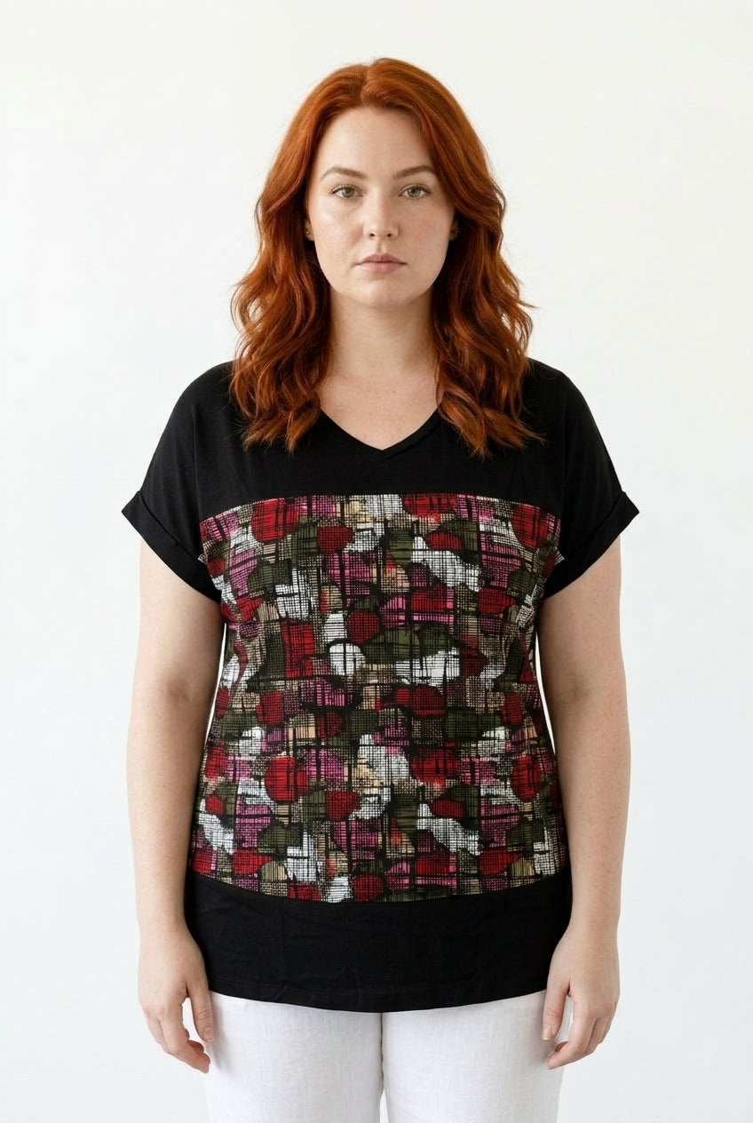 Büyük Beden V Yaka Desenli Blok Detaylı Viskoz T-Shirt - Vervegrand
