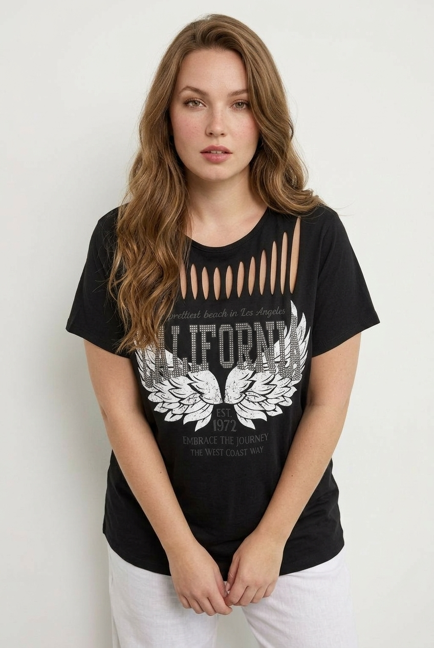 Büyük Beden California Baskılı Kesik Detaylı Siyah Pamuklu T-shirt - Vervegrand