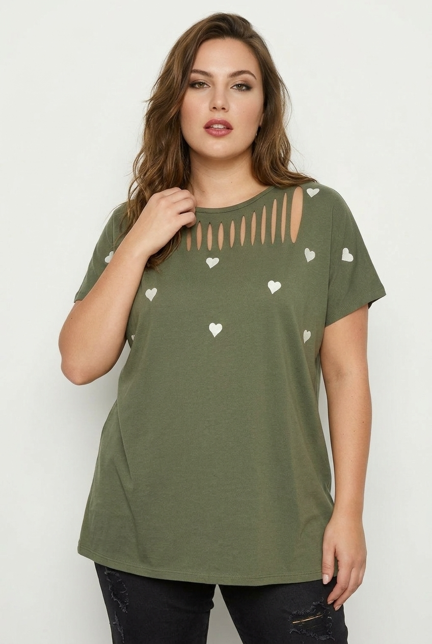 Büyük Beden Kalp Nakışlı Kesik Detaylı Haki Pamuklu T-shirt - Vervegrand
