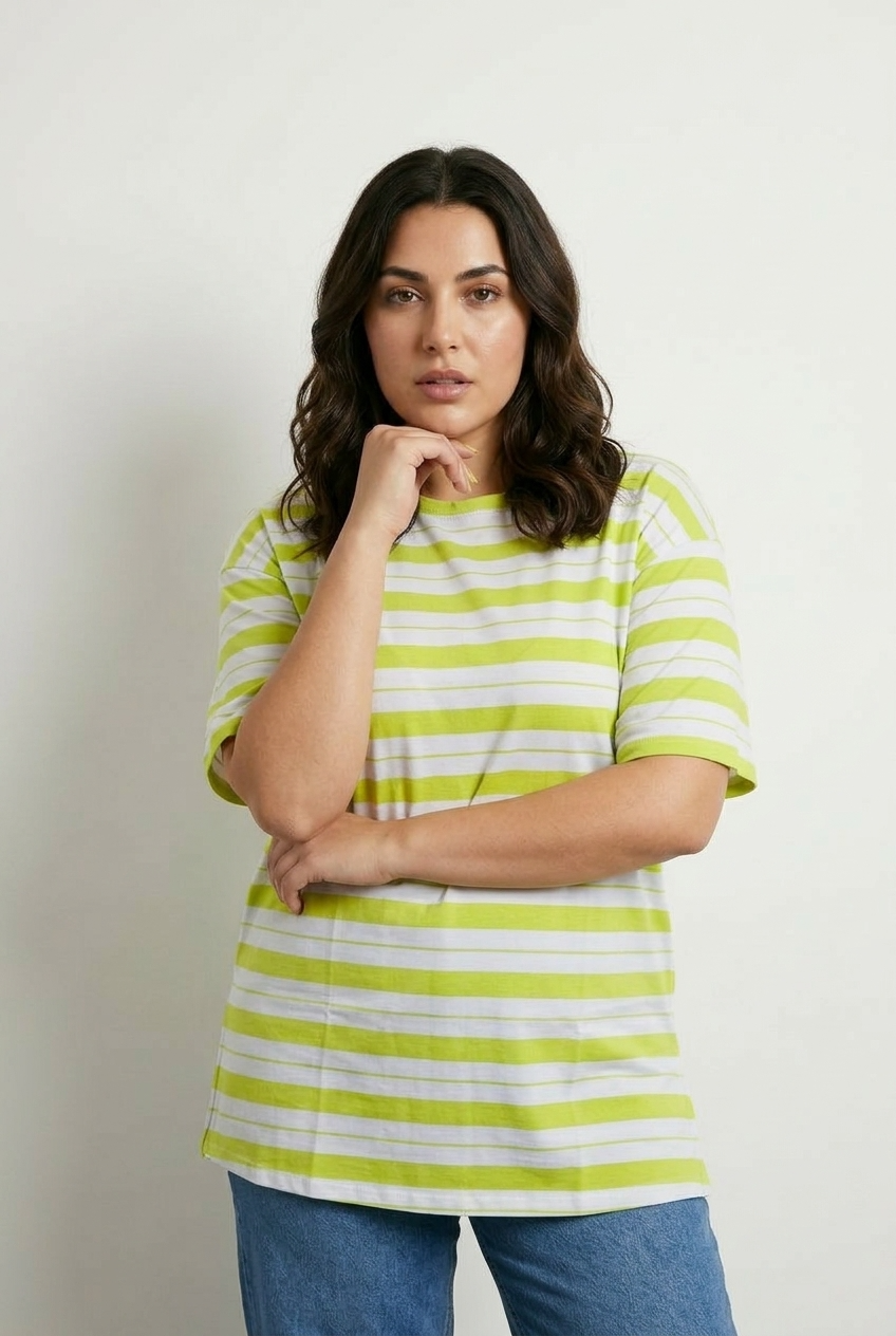 Büyük Beden Çizgili Esnek Pamuklu Uzun Tunik T-Shirt - Vervegrand