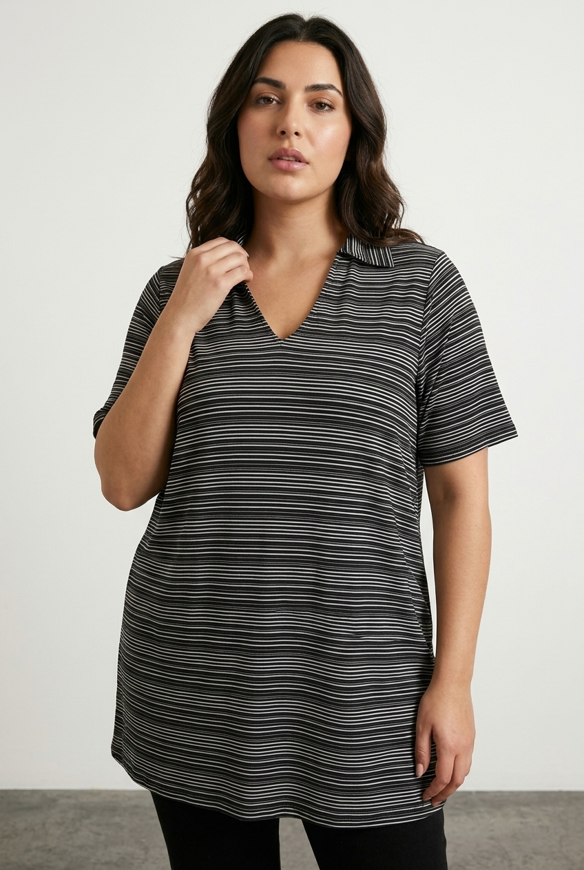 Büyük Beden V Yaka Kısa Kollu Esnek Kumaşlı Çizgili Uzun T-shirt
